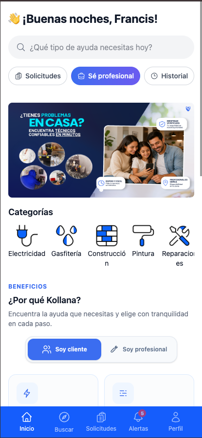Inicio del perfil profesional en Kollana